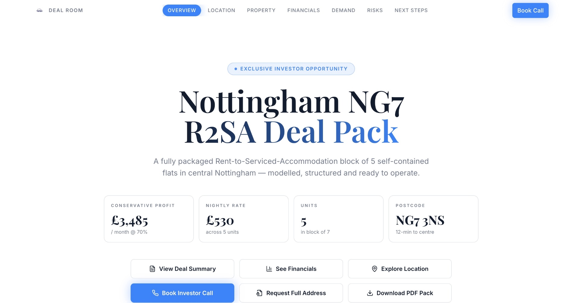 Vertex Deal Room — hero, Nottingham NG7 R2SA deal pack
