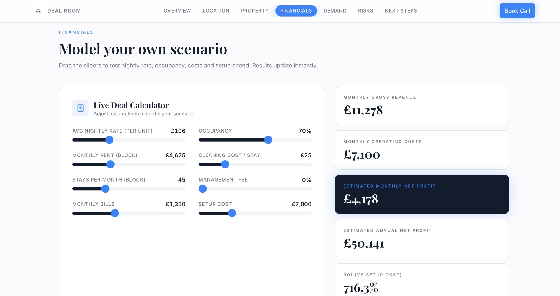 Vertex Deal Room — financials, model your own scenario