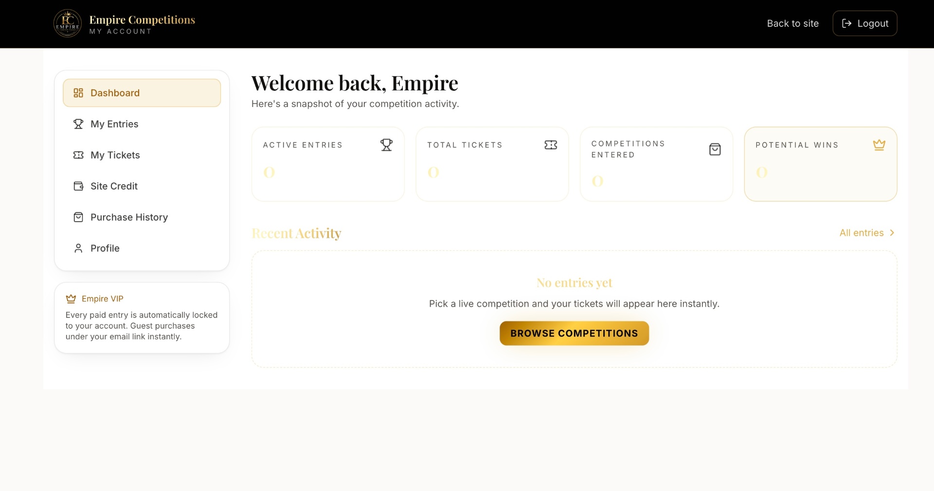Empire Competitions UK — member account dashboard