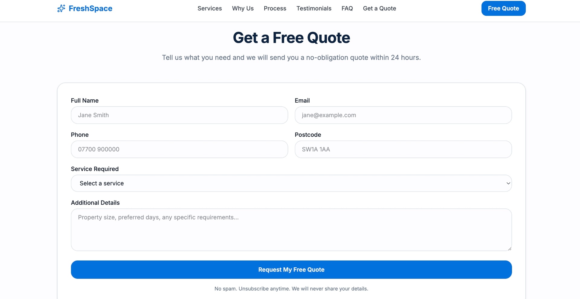 FreshSpace Cleaning — get a free quote form