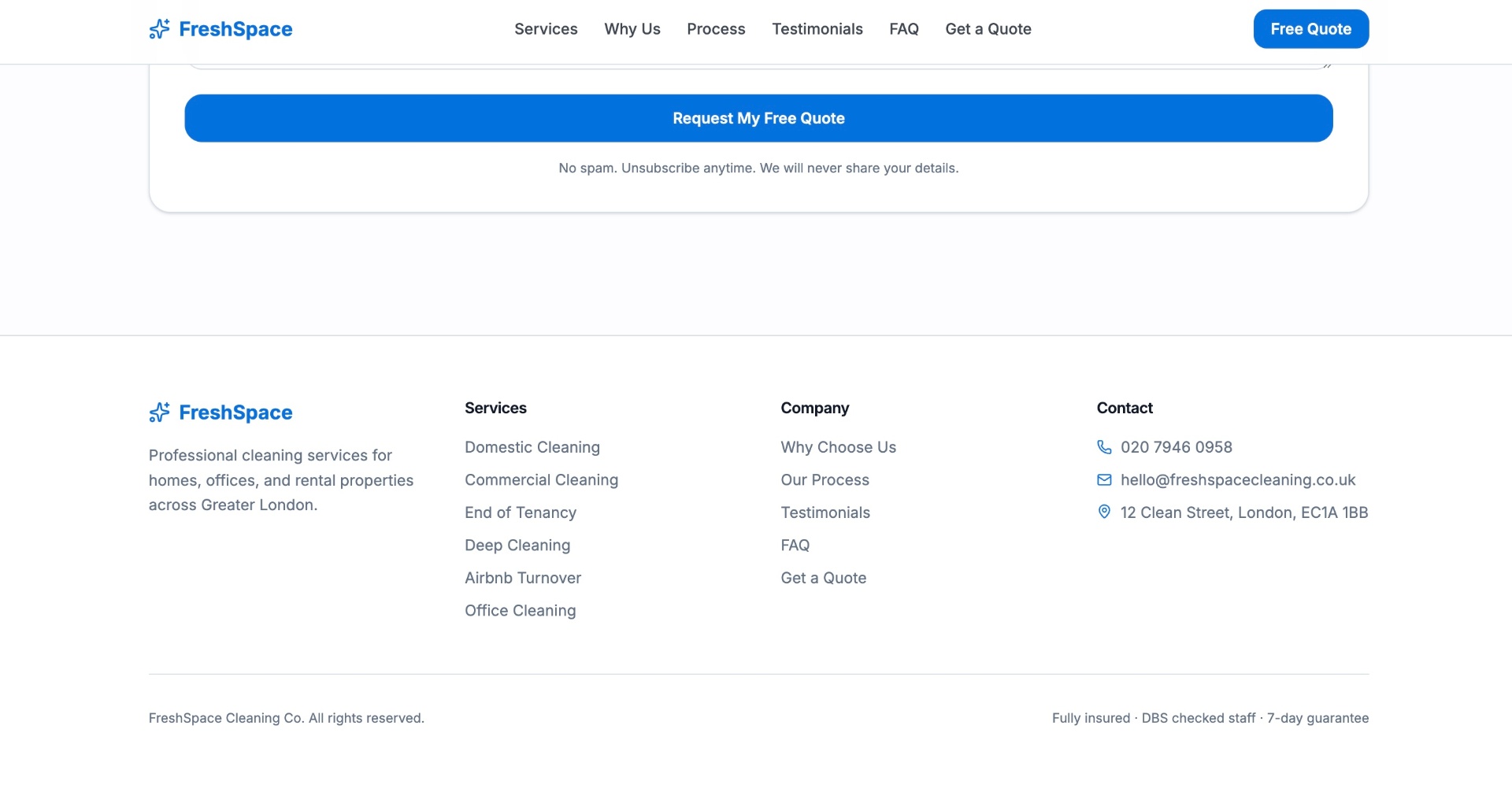 FreshSpace Cleaning — footer & contact details