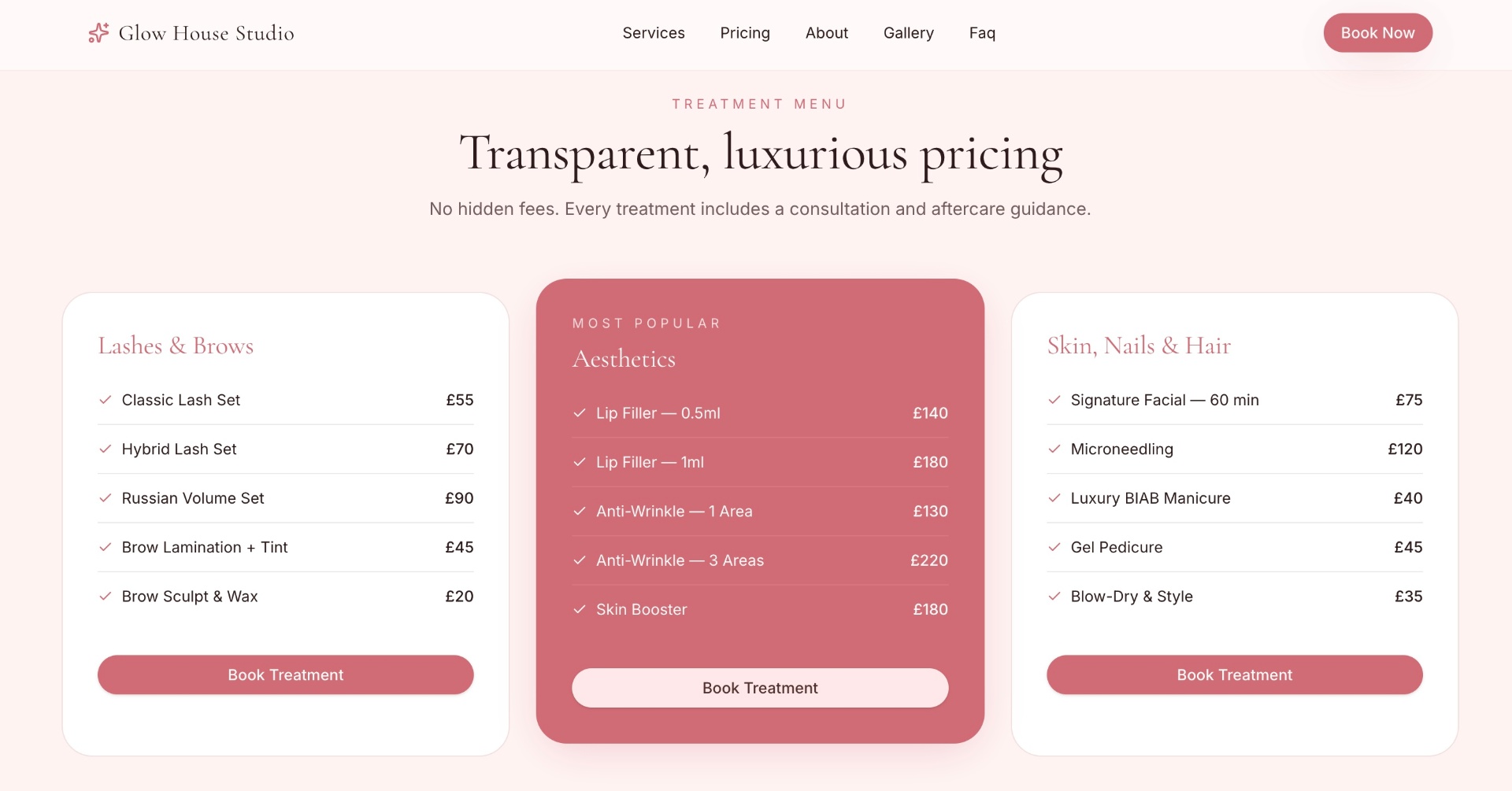 Glow House Studio — treatment pricing