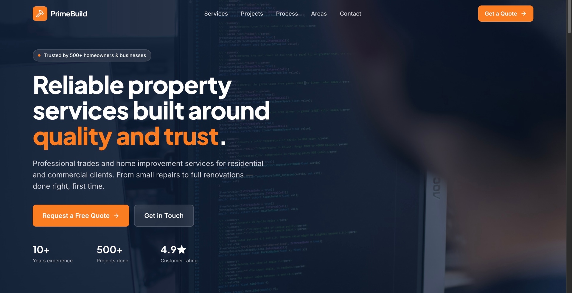 PrimeBuild — hero, reliable property services built around quality and trust