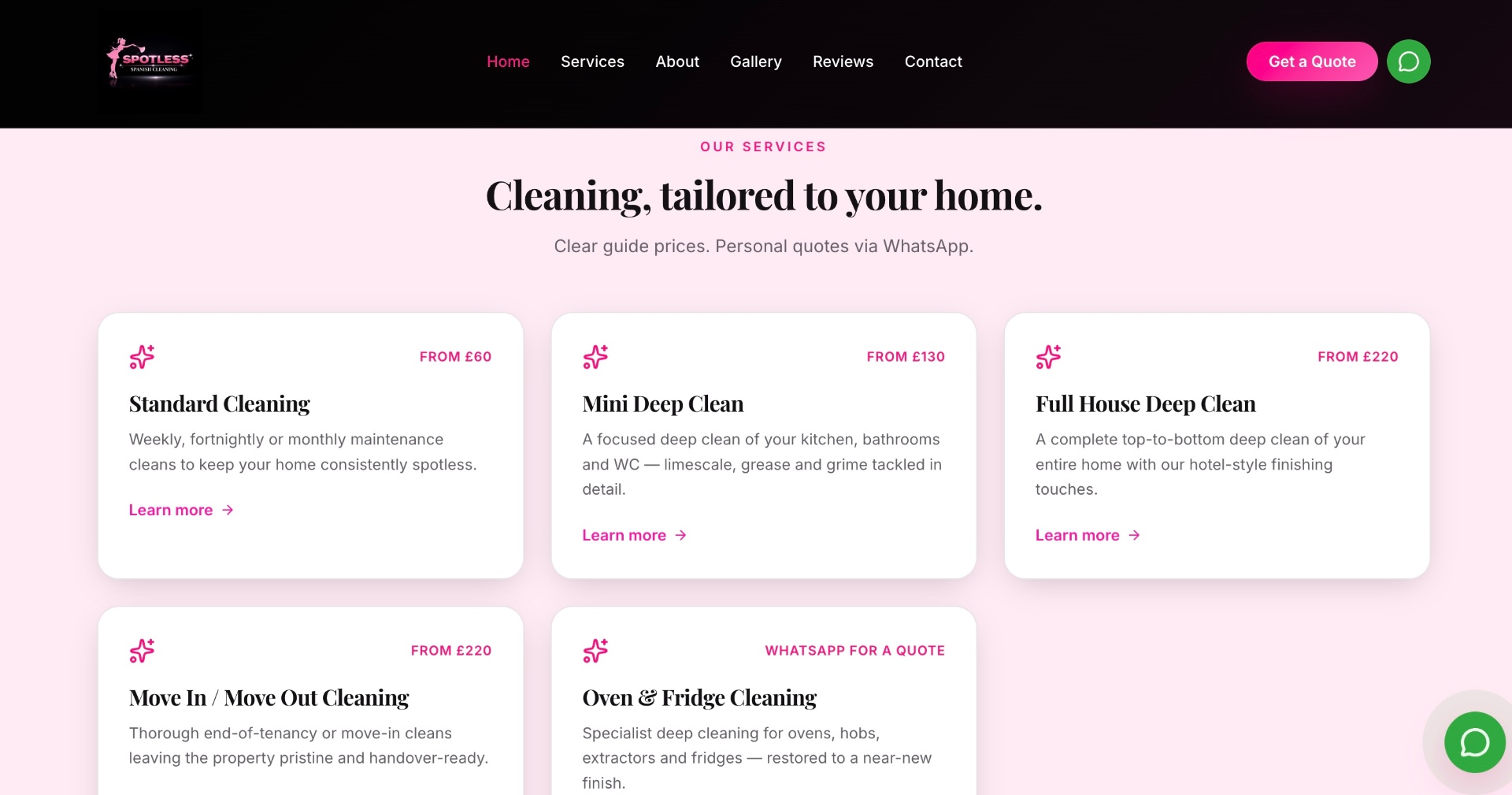Spotless Spanish Cleaning — services page