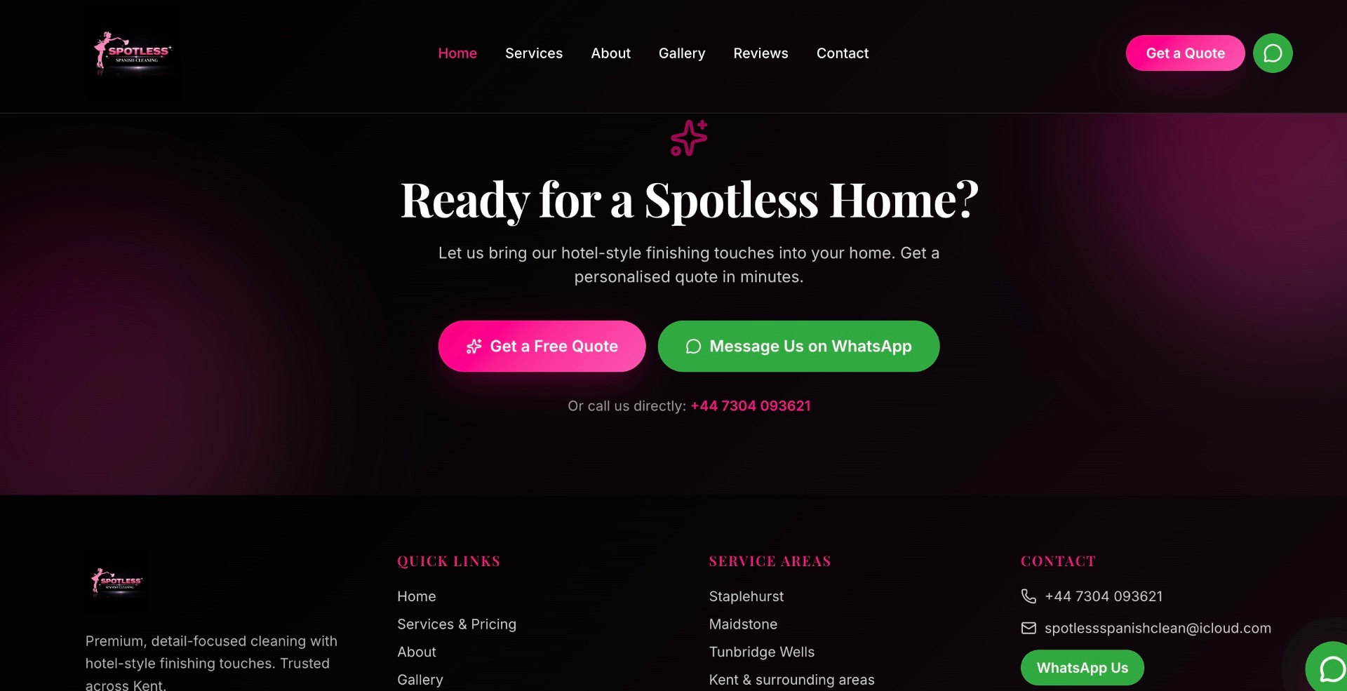 Spotless Spanish Cleaning — contact & footer